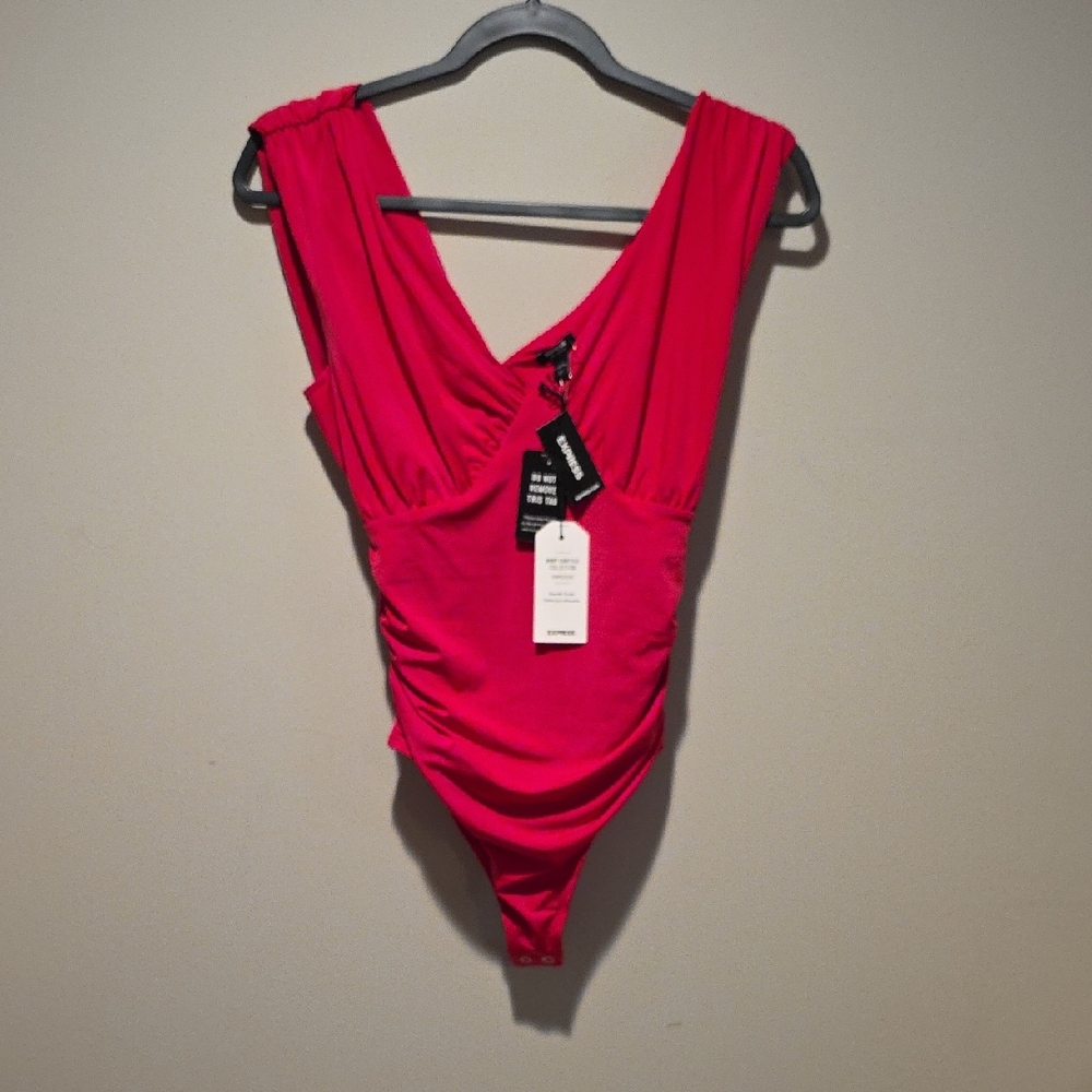 Express Red Bodysuit with Plunging V-neckline and Ruching